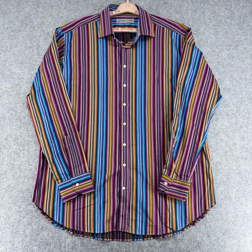 Etro Milano Mens Multi Color Vertical Stripe Button Down Shirt Size 45 Italy